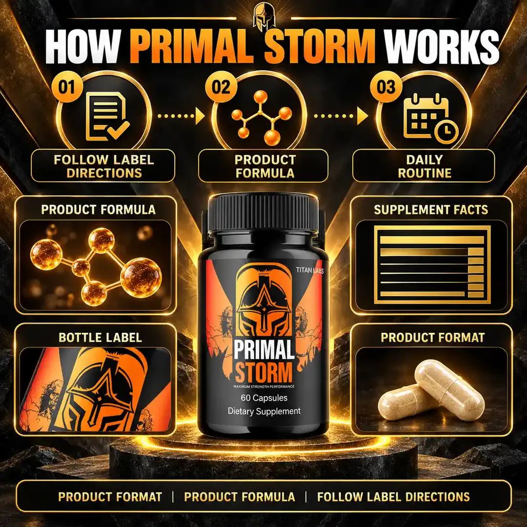 Primal Storm how it works listing infographic: follow label directions, product formula, daily routine