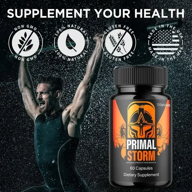Man training outdoors in the rain next to a Primal Storm bottle, with non-GMO, natural, gluten free and made in the USA badges