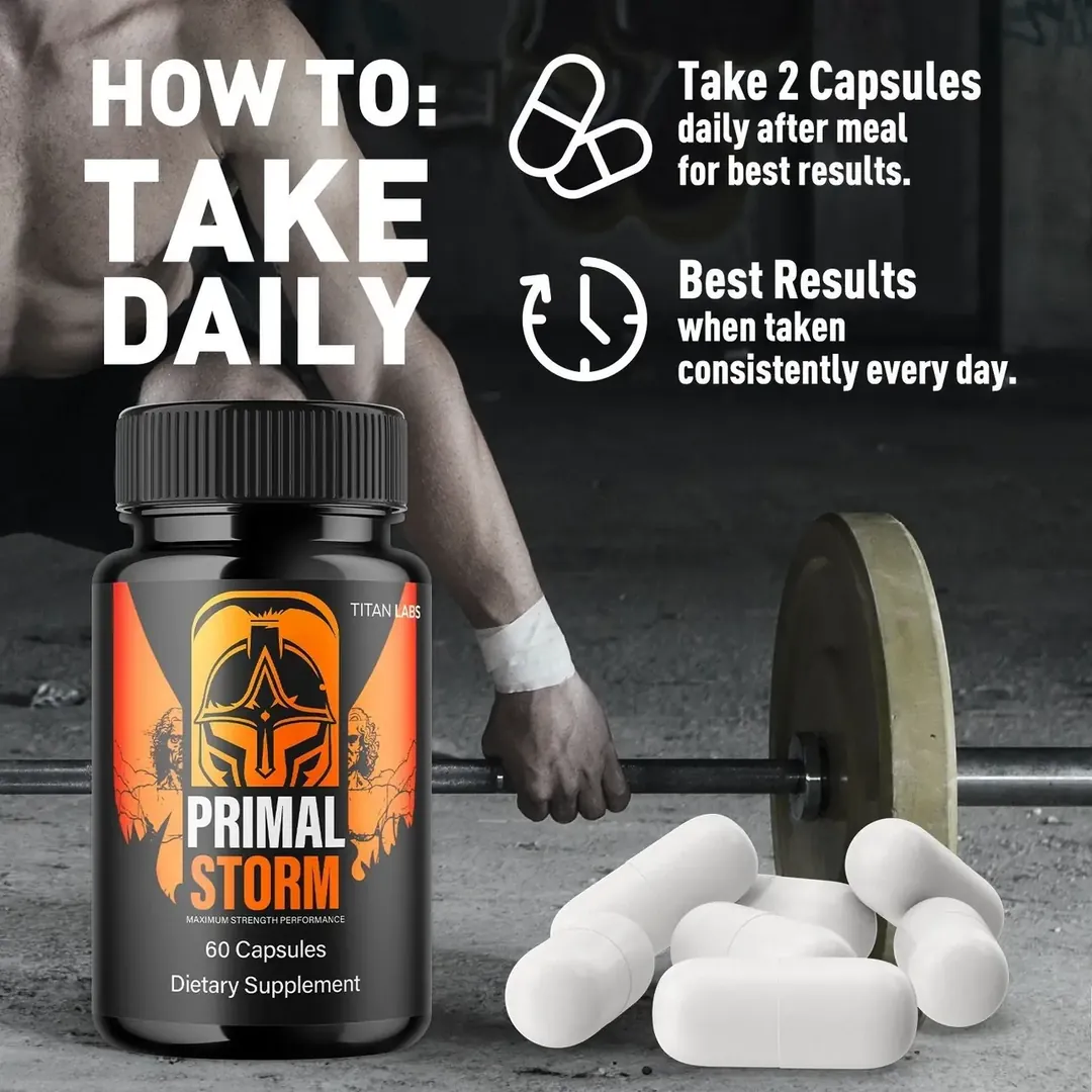 How to take Primal Storm panel: take 2 capsules daily after meal, best results when taken consistently, with white capsules and a barbell